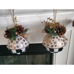Pair Metal Bell Christmas Ornaments 5 x 7" Black White Checks Leopard Print